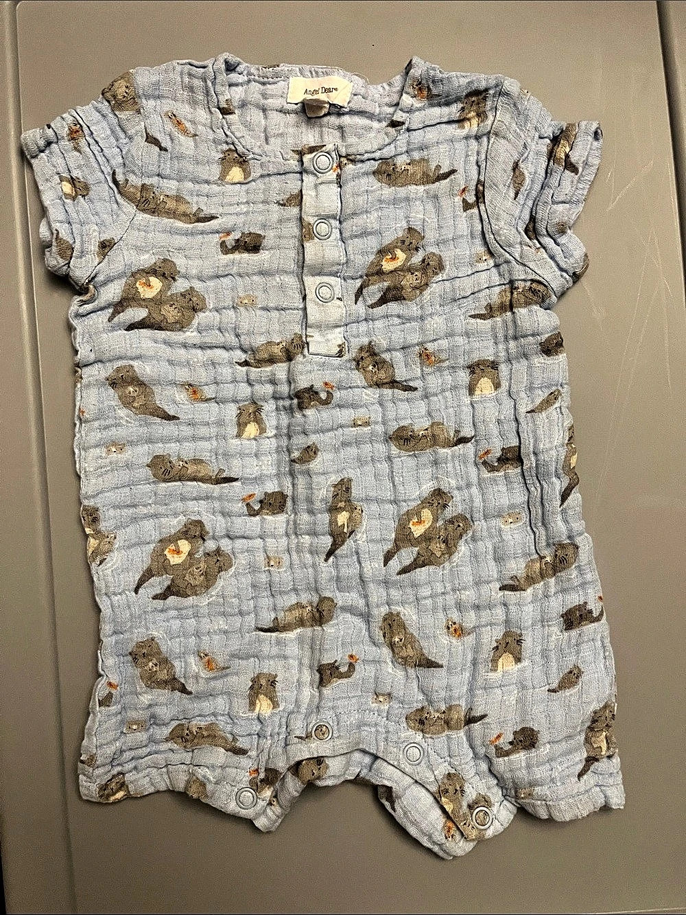 Angel Dear River Otters Short Sleeve Muslin Romper Blue & Brown